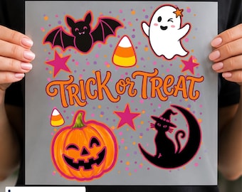 Trick or Treat DTF Transfer, Cute Halloween Ghost Pumpkin Witch Design, Spooky Cat Graphic, Ready to Press