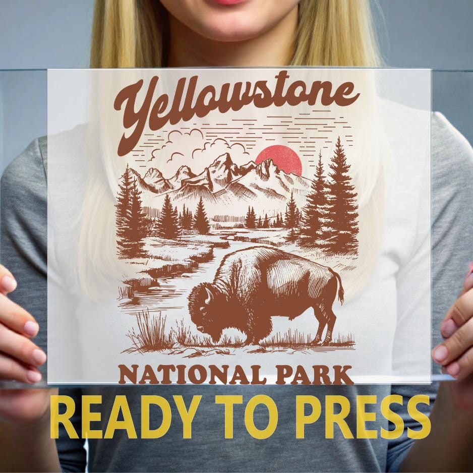 Yellowstone National Park Ready to Press, Vintage Bison Mountain Scene ...