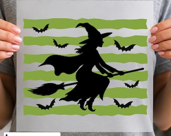 Witch Silhouette DTF Transfer, Spooky Witch Design, Bat Halloween Graphic, Ready to Press