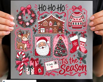 Christmas Collage DTF Transfer, Pink Bow Holiday Design, Santa Christmas PNG, Ready to Press
