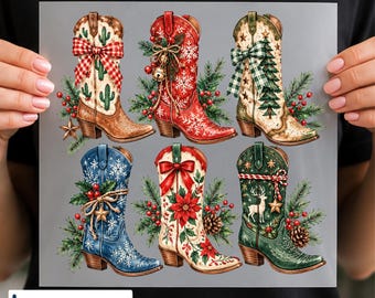 Christmas Cowboy Boots DTF Transfer, Western Cowgirl Holiday Design Ready to Press