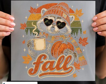 Fall Raccoon DTF Transfer, Cozy Autumn Coffee Pumpkin Design, Ready to Press