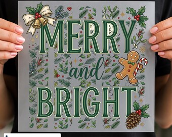 Merry and Bright DTF Transfer, Christmas Holly Gingerbread Design, Vintage Holiday Graphic, Ready to Press
