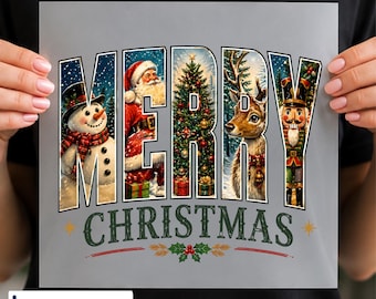 Merry Christmas DTF Transfer, Santa Snowman Nutcracker Christmas Collage, Ready to Press