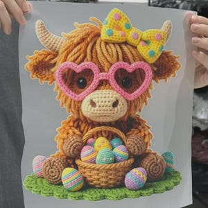 K&ouml;nnte beinhalten: Ein Grafikdruck im H&auml;kel-Stil zeigt ein flauschiges orangefarbenes Hochlandrind mit einer rosa herzf&ouml;rmigen Brille und einer gelben gepunkteten Schleife. Es sitzt auf einer gr&uuml;nen Basis und h&auml;lt einen Korb voller bunter Ostereier.