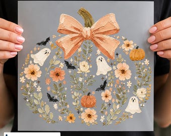 Floral Pumpkin DTF Transfer, Coquette Halloween Pumpkin Bow, Cute Fall Ready to Press,