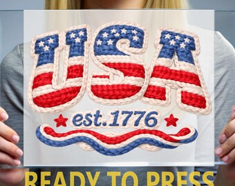 Faux Embroidery USA DTF Transfer, Stitch Effect Est 1776 Patriotic Design Ready to Press