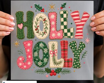 Holly Jolly DTF Transfer, Vintage Christmas Patchwork Iron On, Ready to Press