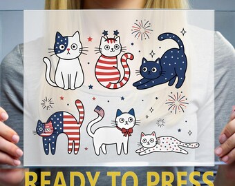 Patriotic Cats  DTF Transfer, 4th of July Funny Kitten Design Ready to Press