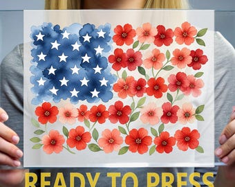 Watercolor Floral American Flag DTF Transfer, Patriotic Flower USA Flag Design Ready to Press