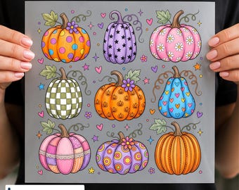 Colorful Pumpkin Fall DTF Transfer, Cute Decorative Pumpkins, Preppy Halloween Ready to Press