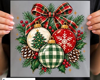 Vintage Christmas Ornaments Ball DTF Transfer, Plaid Bow Evergreen Holiday Design, Ready to Press