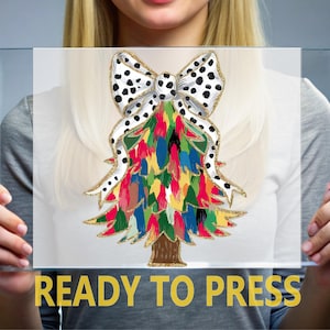 Polka Dot Bow Ready To Press, Artsy Holiday Ready For Press, Whimsical Christmas Heat Press, Colorful Coquette Christmas Tree DTF Transfer,