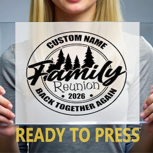 May include: A clear rectangular sign featuring the text "CUSTOM NAME" above "Family Reunion 2026 BACK TOGETHER AGAIN" in a circular design. The words "READY TO PRESS" are at the bottom in yellow.
