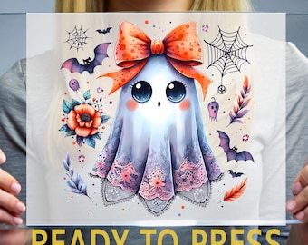 Cute Ghost Halloween Ready To Press, Halloween DTF Transfer, Coquette Spooky Ghost Ready To Press, Floral Ghost Heat Press, Ghost Shirt dtf