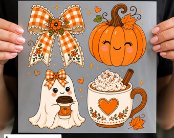 Fall Ghost DTF Transfer, Coquette Pumpkin Bow Ghost Design, Cute Autumn Graphic, Ready to Press