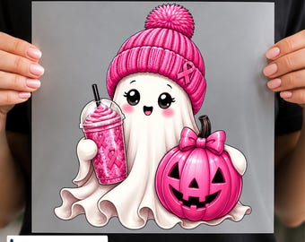 Pink Breast Cancer Awareness Ghost DTF Transfer, Halloween Pumpkin Ribbon, Ready to Press