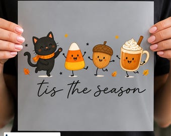 Cute Fall Halloween DTF Transfer, Black Cat Candy Corn Pumpkin, Acorn & Coffee Fall Design, Ready to Press