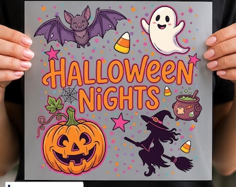 Halloween Nights DTF Transfer, Cute Ghost Pumpkin Halloween Design, Witch Bat Candy Corn, Ready to Press