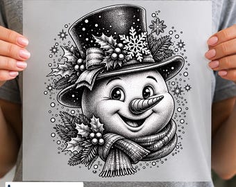 Black White Snowman DTF Transfer, Winter Snowflake Holiday Portrait Ready to Press Design