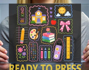 Colorful Doodle Back to School DTF Transfer, Teacher Patchwork Alphabet Bow Ready to Press
