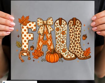 Fall Cowboy Boots DTF Transfer, Western Cowgirl Pumpkin Design, Autumn PNG, Ready to Press