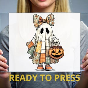 Patchwork Ghost Girl DTF Transfer, Cute Boho Halloween Ghost Clipart, Fall Pumpkin Bucket Design Ready to Press