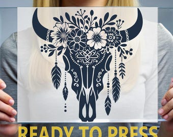 Floral Cow Skull DTF Transfer, Western Heat Press Design
