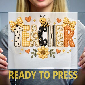 Honey Be Teacher DTF Transfer, Yellow Plaid Gingham, Flower Bow School Ready to Press