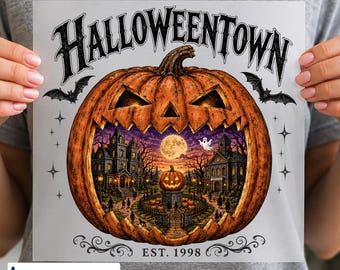 Halloween Town Pumpkin DTF Transfer, Haunted House Design, Gothic Fall Graphic, Ready to Press