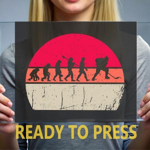 May include: A graphic featuring the evolution of hockey players, set against a red and orange sunset design. The image includes the text "READY TO PRESS" in yellow.