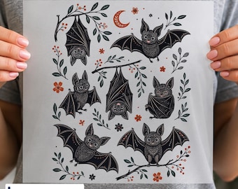 Cute Halloween Bat DTF Transfer, Spooky Season Clipart, Gothic Halloween Design, Ready to Press