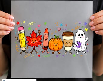 Fall Teacher DTF Transfer, Cute School Supplies Pumpkin Ghost, Autumn Classroom Design, Ready to Press