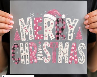 Pink Merry Christmas DTF Transfer, Buffalo Plaid Holiday Shirt Decal, Ready to Press