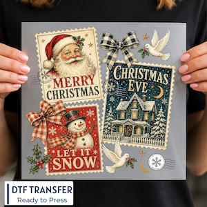 May include: A DTF transfer sheet featuring three vintage-style postage stamp designs. One shows Santa Claus with Merry Christmas text, another a house with Christmas Eve text, and the third a snowman with Let It Snow text, accented by bows and doves.