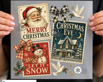 Vintage Christmas Postcard DTF Transfer, Retro Holiday Stamp Iron On, Nostalgic Christmas, Ready to Press