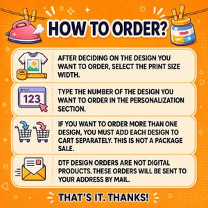 K&ouml;nnte beinhalten: Eine orangefarbene Anleitungsgrafik mit dem Titel HOW TO ORDER? und Symbolen f&uuml;r B&uuml;geleisen, Glas, T-Shirt mit Ma&szlig;band, Zahlenfeld, Einkaufswagen und Umschlag. Der Text beschreibt die Schritte zur Bestellung von DTF-Designs per Postversand.