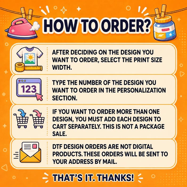 K&ouml;nnte beinhalten: Eine orangefarbene Anleitungsgrafik mit dem Titel HOW TO ORDER? und Symbolen f&uuml;r B&uuml;geleisen, Glas, T-Shirt mit Ma&szlig;band, Zahlenfeld, Einkaufswagen und Umschlag. Der Text beschreibt die Schritte zur Bestellung von DTF-Designs per Postversand.
