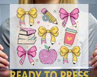 Teacher Bow DTF Transfer: Cute Teacher Icons Design, Ready to Press