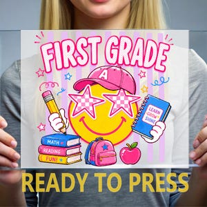 Retro First Grade Smiley Face DTF Transfer, Star Glasses School Design Ready to Press