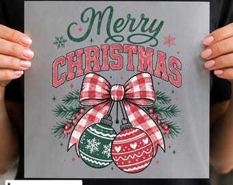 Merry Christmas Ornaments DTF Transfer, Vintage Christmas Bow Decal, Ready to Press