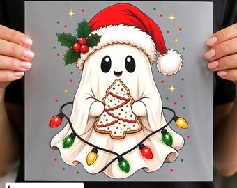 Christmas Ghost DTF Transfer, Cute Ghost Tree Cake Design, Holiday Graphic, Ready to Press