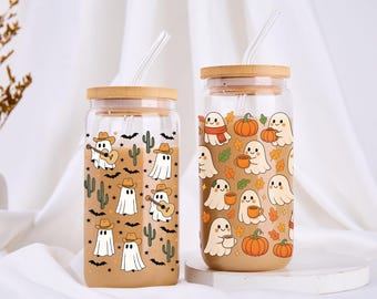 Halloween-Kürbis-Geister Becher Mit Deckel – 473 Ml Glas – Inkl. Strohhalm & Geschenkbox – Perfekt Für Eiskaffee, Smoothies, Partys
