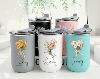 Personalized Birth flower Tumbler,Custom Insulated Coffee Tumbler,Bridesmaid Travel Mugs,Stainless Steel Tumblers,Wedding Party Gift For Her