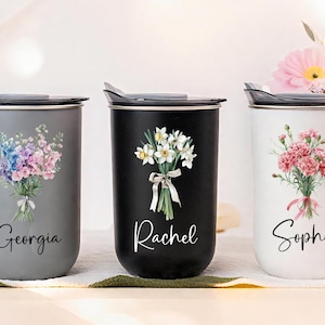 Personalized Birth Flower Tumbler With Name, Custom Coffee Cup, Birth Flower Travel Tumbler, Bridesmaid Gifts for Her, Wedding Party Favor.