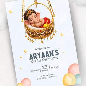 Puede incluir: Una invitación a un baby shower con el texto "Welcome to ARYAAN'S Cradle Ceremony". La invitación presenta una ilustración de un bebé en una cuna decorativa. Globos pastel y decoraciones de estrellas y nubes rodean la invitación.