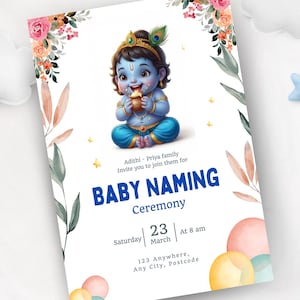 May include: Baby naming ceremony invitation card. The design features a watercolour illustration of a blue-skinned baby, floral accents, and the text "BABY NAMING Ceremony". The card includes event details and decorative star and cloud shapes.