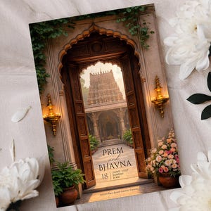 May include: A wedding invitation card featuring an artistic rendering of an ornate wooden doorway leading to a temple. The card includes the names "PREM and BHAVNA" and the date "JUNE 18 2023". The card is surrounded by white flowers and greenery.