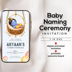 Baby Krishna Cradle Ceremony Invitations Welcome Board & Naming Sign Bundle / Indian Function eGreetings Invites