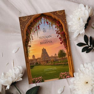 May include: A wedding invitation featuring a temple scene at sunset, framed by an ornate archway adorned with flowers. The invitation includes the names "YUVAAN and BHAVYA" and the date "18 SEPTEMBER 2025". White flowers and greenery surround the invitation.